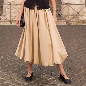 LOFT Cotton Balloon Skirt Elastic Waist Tan L NEW!